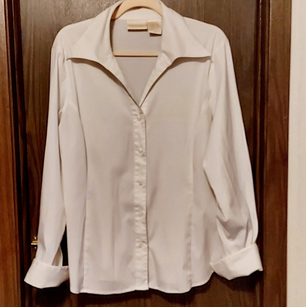 White Long Sleeve Fitted Stretch Blouse Sz L